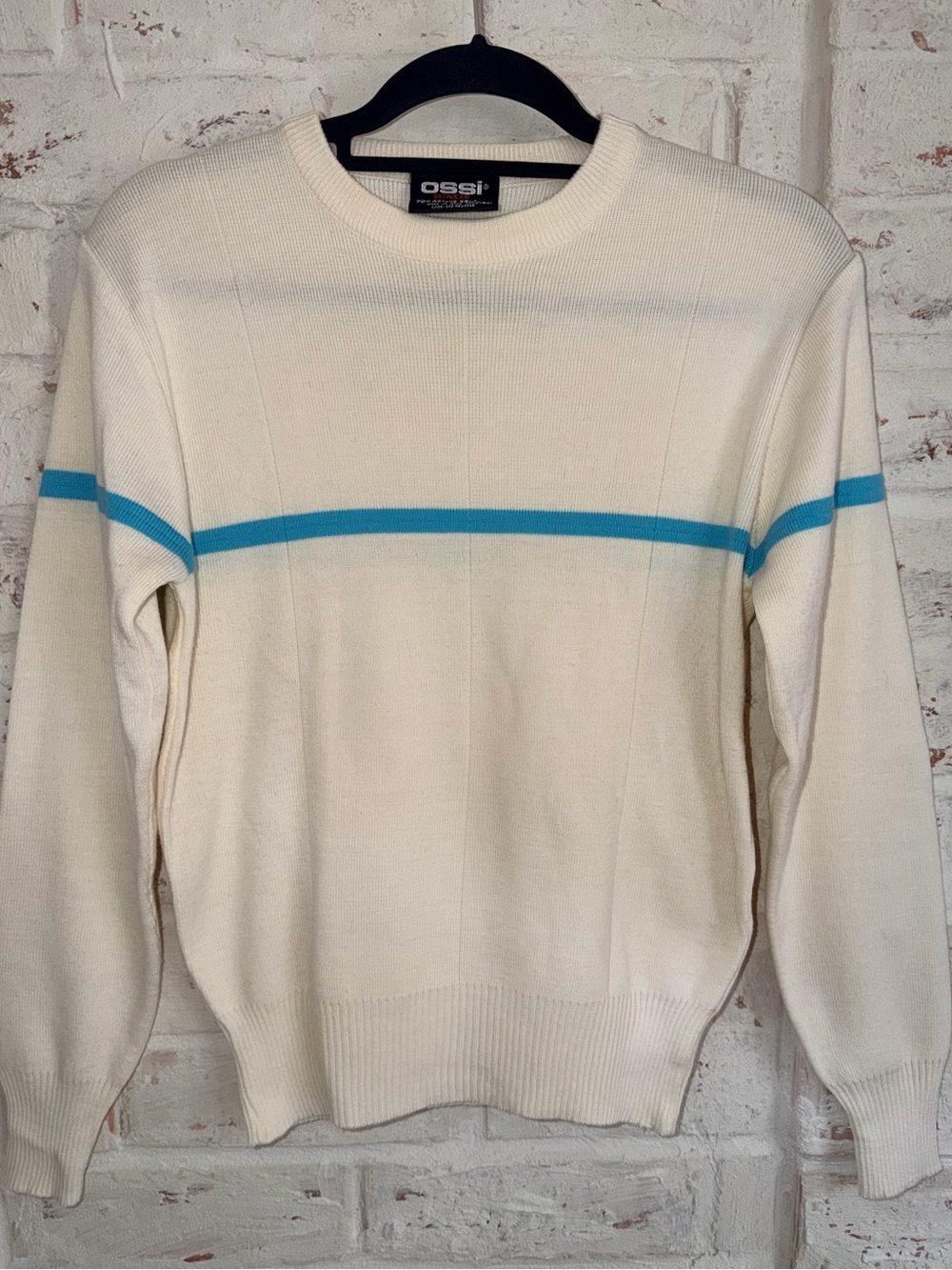 Vintage OSSI Ski Sweater Women’s L Wool Blend Ivory Blue Stripe Crew Apres Ski